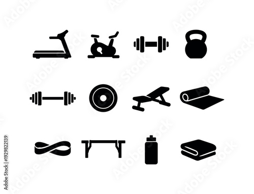 Home Gym Setup: treadmill, exercise bike, dumbbell, kettlebell, barbell, weight plate, bench, yoga mat, resistance band, pull up bar, water bottle