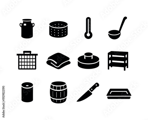 Cheesemaking Equipment: milk can, cheese mold, thermometer, ladle, curd cutter, cheese cloth, pressing weight, aging rack, salt container, storage