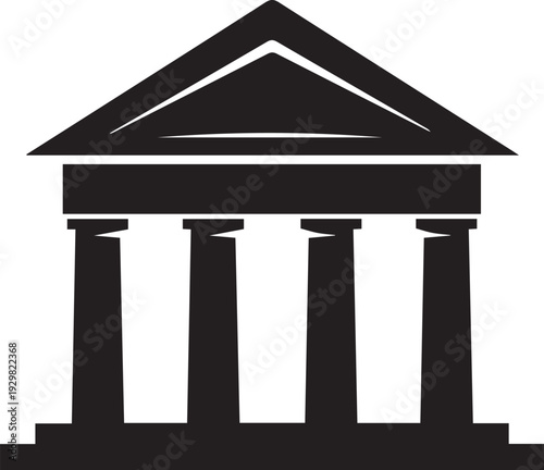 A black and white illustration of a building with columns and a triangular roof
