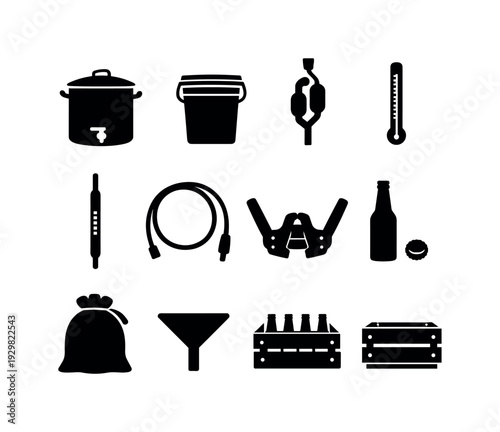 Home Brewing Beer Kit: brew kettle, fermentation bucket, airlock, thermometer, hydrometer, siphon tube, bottle capper, glass bottle, cap, funnel