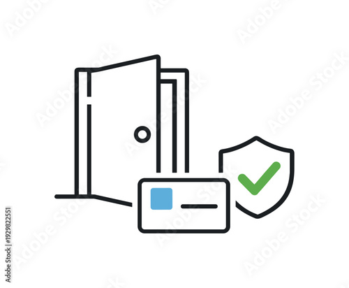 Digital access control and secure office entry management in a modern workplace environment, a simple door icon combined with a small keycard and a