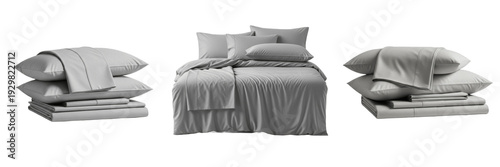 Set of Premium Grey Bedding and Folded Linen Sheets with Transparent Background PNG
