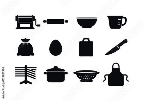 Home Pasta Making Kit: pasta machine, rolling pin, mixing bowl, measuring cup, flour sack, egg, cutting board, kitchen knife, drying rack, pot