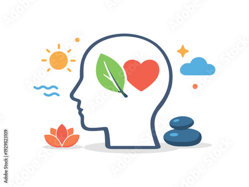 Mental wellness and daily self-care routine focused on emotional balance and stress reduction in modern life, a human head silhouette with a small