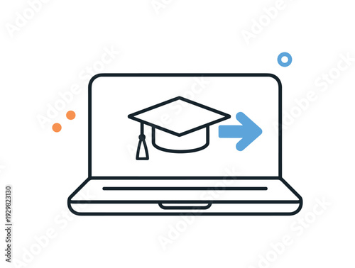 Online course enrollment and digital education access in a modern learning platform, a simple laptop displaying a small graduation cap icon combined