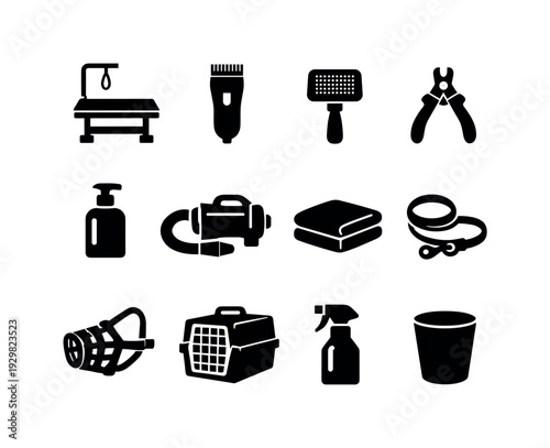 Dog Grooming Salon: grooming table, electric clipper, brush, nail clipper, shampoo bottle, dryer blower, towel, leash, muzzle, pet crate, spray bottle