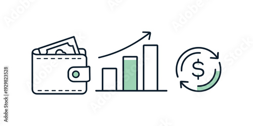 Cash flow management and financial liquidity monitoring in small business accounting, a clean wallet icon placed beside a minimal bar chart and a