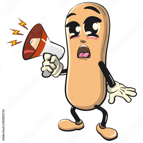 cute ladyfinger biscuit mascot character shouting with a loudspeaker, isolated vector illustration, work of hand drawn