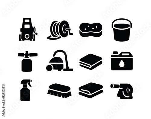 Car Wash Equipment: pressure washer, hose reel, sponge, bucket, foam cannon, vacuum cleaner, microfiber cloth, water tank, spray bottle, brush, drying