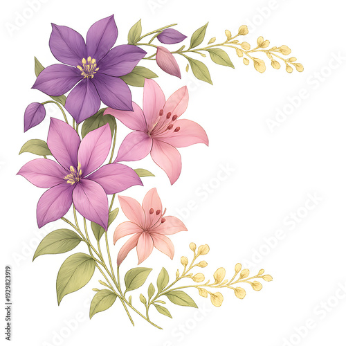 Elegant Purple and Pink Clematis Flowers with Spring Green Foliage Decorative Corner Border Design
