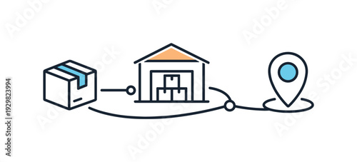 Supply chain management and logistics coordination in a global business network, a simple delivery box connected by thin route lines to a small