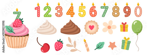 Pastel birthday numbers 0-9 candle set with cupcake and party elements vector
