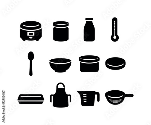 Home Yogurt Making Kit: yogurt maker, glass jar, milk bottle, thermometer, spoon, mixing bowl, storage container, lid, tray, apron, measuring cup