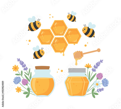 Cute honey bees, honeycomb, and jars of honey surrounded by various wildflowers, representing nature's sweet bounty