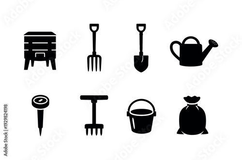 Home composting items: compost bin, pitchfork, garden shovel, watering can, compost thermometer, aerator tool, collection bucket, compost bag