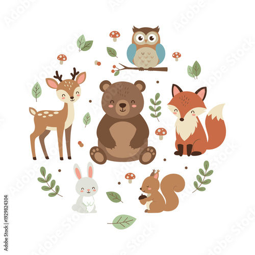 Woodland animals group creating a nature-inspired design element. Cute bear, fox, deer, owl, rabbit, and squirrel characters with leaves and mushrooms in a border