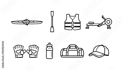 Rowing equipment: rowing boat, oar, life vest, rowing machine, gloves, water bottle, sports bag, cap