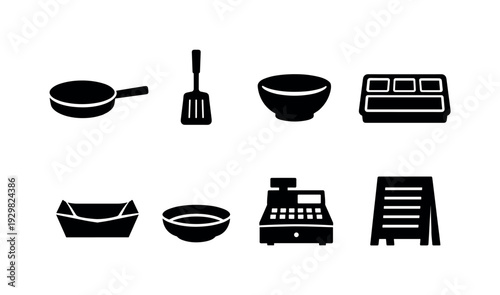 Gyoza stand equipment: frying pan, spatula, mixing bowl, ingredient tray, paper tray, dipping sauce dish, cash register, menu board