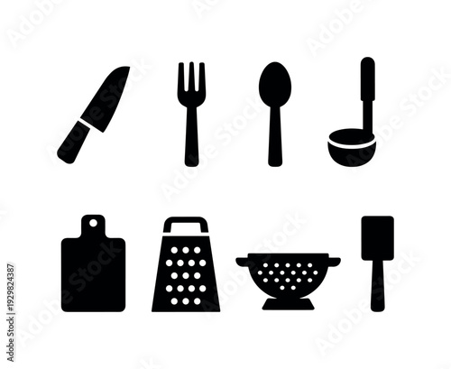 Kitchen utensils: knife, fork, spoon, ladle, spatula, cutting board, grater, colander