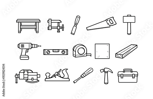 Workshop carpentry tools: workbench, clamp, chisel, hand saw, mallet, drill, level, tape measure, sandpaper sheet, wood plank, vise, plane
