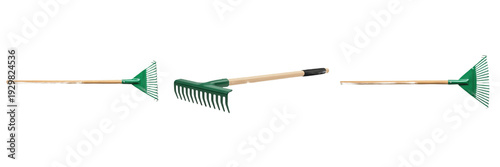 Quadro su tela Set of Professional Garden Rakes and Leaf Rakes with Wooden Handles Isolated Tra
