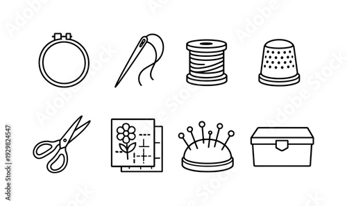 Embroidery tools: embroidery hoop, needle, thread spool, thimble, fabric scissors, pattern sheet, pin cushion, storage box