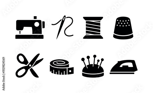 Sewing tools: sewing machine, needle, thread spool, thimble, scissors, measuring tape, pin cushion, iron
