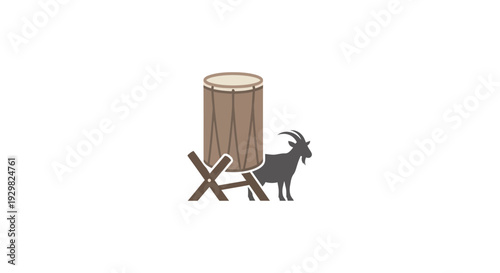 Goat standing next to wooden barrel.