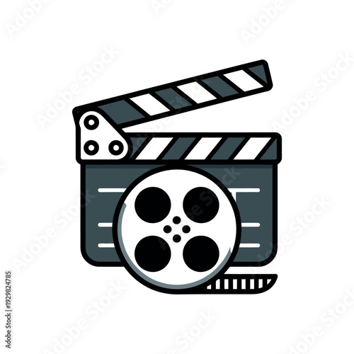 A film clapper icon with a movie camera and reel on a white background