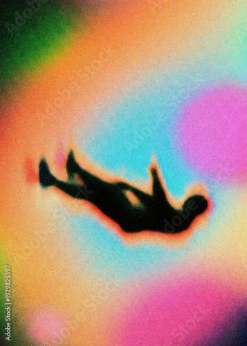 Surreal Silhouette of a Person Falling in Colorful Grainy Dream Sky