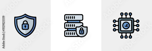 Flat design AI security icons featuring lock shield and server