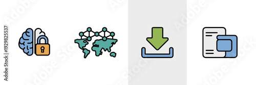 AI democratization icons with unlocked brain and global network