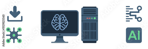 AI workstation icons with computer and server – Great for tech setup guides or professional UI design.