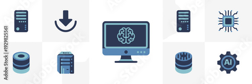 Local AI workstation icons with neural brain – Ideal for hardware specs or machine learning apps.