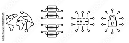 Global AI connectivity icons in thin line – Suitable for world communication or tech ecosystem maps.