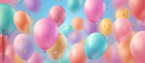 Colorful Balloons in Soft Pastel Colors with Confetti Celebrating Festive Atmosphere
