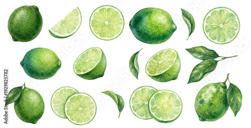 A charming watercolor collection of fresh limes, including whole fruit, slices, wedges, and green leaves.