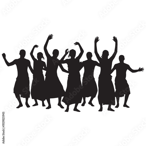 People dancing together in joyful celebration with raised arms