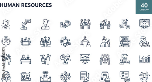 Human Resources Line Icon Set Featuring Business People Recruitment Teamwork Management And Corporate Professional Symbols