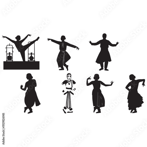 Dancers in various poses and traditional attire performing