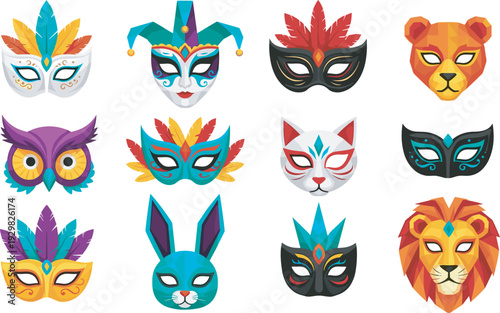 Colorful carnival and masquerade mask collection with venetian jester, animal faces like lion, owl, rabbit, and cat, cad drawing flat vector illustration
