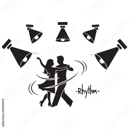 Couple dancing under vibrant stage lights with rhythmic motion