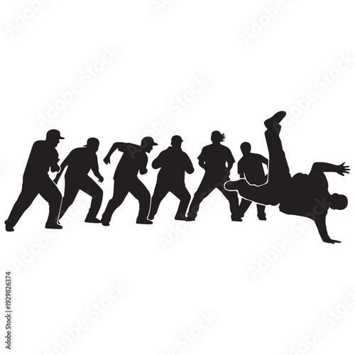 Dynamic group of people dancing and breaking in unison