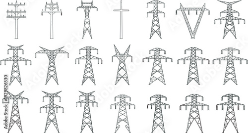 High voltage electric power transmission tower silhouettes for energy grid infrastructure, industrial electrical supply icons, cad drawing flat vector illustration