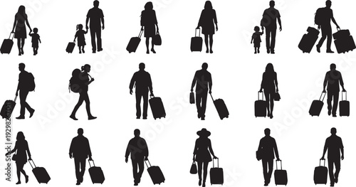 Traveling people silhouettes with luggage and suitcases for airport travel, tourism vacation groups, family trip, cad drawing flat vector illustration