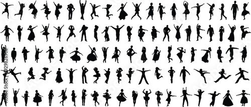 Massive collection of diverse people silhouettes dancing, jumping, and celebrating with expressive movements for events, cad drawing flat vector illustration, isolated.