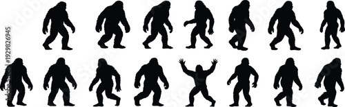 Bigfoot silhouettes collection featuring Sasquatch walking, standing, and various mythical forest creature poses, cad drawing flat vector illustration, isolated on white.