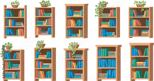 Wooden bookshelf collection with colorful books and indoor green plants for home library interior decor, cad drawing flat vector illustration