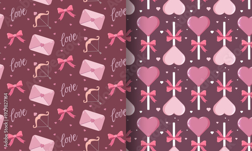 Two seamless Valentine s Day patterns one with envelopes, bows, Cupid s arrows, and love text the other with heart-shaped lollipops and scattered hearts on maroon