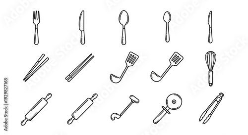 Collection of kitchen utensils and cutlery illustrations.